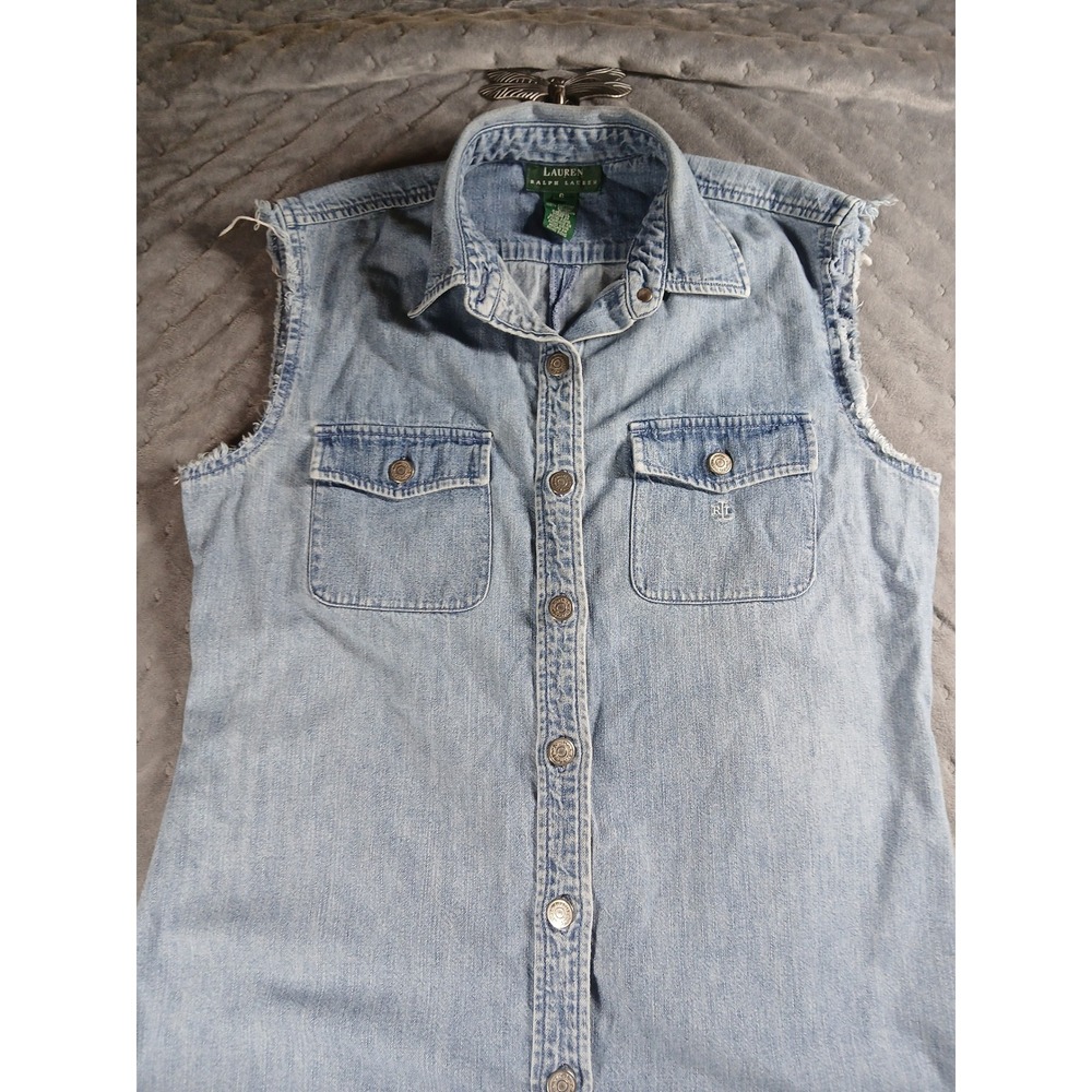 Lauren Ralph Lauren Denim Maxi Dress Womens 6 Light Wash Button Front Sleeveless - Picture 2 of 6